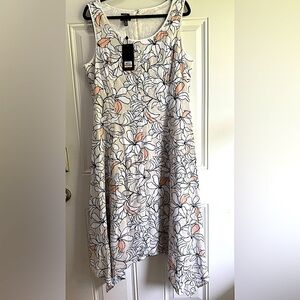 NWT Jones New York Beige,Peach, & White Linen Dress Handkerchief Hem W/ Pockets